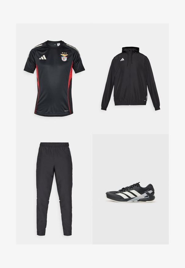 Černá sportovní bunda vyrobená z lehkého materiálu. Obsahuje kapuci, zipové zapínání a elastické manžety. Bílá značka na levé horní straně.; Černý sportovní dres s červenými bočními akcenty, s kulatým výstřihem, krátkými rukávy, logem Adidas a klubovým emblémem na hrudi.; Černé sportovní kalhoty s elastickým pasem, zúženými nohavicemi a bílými bočními akcenty. Vyrobené z umělého materiálu s hladkým povrchem.; Černá sportovní obuv s bílými pruhy, síťovaným svrškem, zaoblenou špičkou a polstrovanou podrážkou. Obsahuje texturovanou patu a bezpečný systém šněrování.