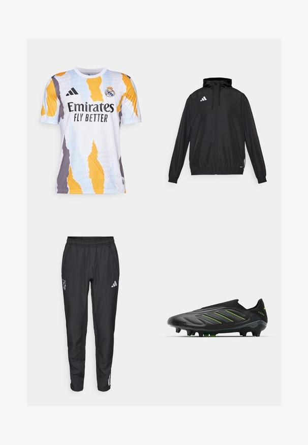 Sort atletisk jakke lavet af letvægtsmateriale. Har hætte, lynlås lukning og elastiske manchetter. Hvidt logo på øverste venstre side.; Hvid fodboldtrøje med abstrakte mønstre i orange, blå og grå. Har "Emirates Fly Better" logo og Adidas striber på ærmerne.; adidas Performance LIVERPOOL FC 25/26 EUROPEAN PRESENTATION PANTS - Klub merchandise - black; adidas Performance COPA PURE III ELITE LACELESS FIRM GROUND FOOTBALL BOOTS - Fodboldstøvler til fast underlag - core black/dgh solid grey/lucid lemon