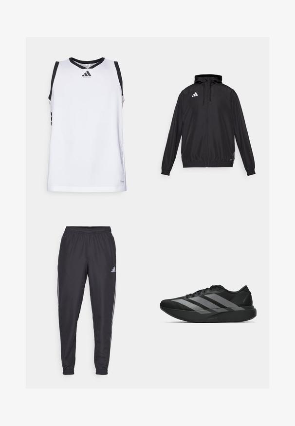 Musta urheilutakki, joka on valmistettu kevyestä materiaalista. Varustettu hupulla, vetoketjulla ja elastisilla hihansuilla. Valkoinen logo vasemmalla ylhäällä.; Valkoinen koripallopaita, jossa on musta kaulus ja olkapään tehosteet, rinnassa logo ja kummallakin puolella kolme mustaa raitaa.; Mustat urheiluhousut elastisella vyötäröllä, joissa on valkoiset raidat sivuilla ja pieni logo lantion kohdalla. Sileä materiaali.; Mustat urheilukengät, joissa on kevyt muotoilu, kolme näkyvää harmaata raitaa, sileä pinta ja muotoiltu pohja.