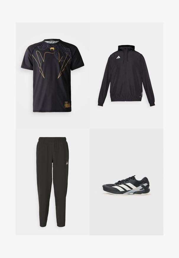 Chaqueta deportiva negra hecha de material ligero. Cuenta con una capucha, cierre de cremallera y puños elásticos. Logotipo blanco en la parte superior izquierda.; Camiseta atlética negra de manga corta con diseño de colmillo de serpiente dorado y un sutil patrón de escamas de serpiente en el pecho superior y el hombro derecho.; Pantalones deportivos negros con cinturilla elástica, ajuste Slim y logo blanco en la pierna izquierda. Tejido suave y ligero.; Zapatilla deportiva negra con franjas blancas, parte superior de malla, punta redondeada y suela acolchada. Presenta un talón texturizado y un sistema de cordones seguro.