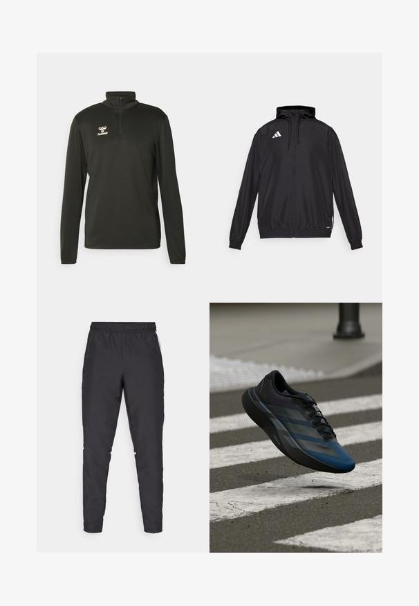 Czarna sportowa kurtka wykonana z lekkiego materiału. Posiada kaptur, zamek błyskawiczny oraz elastyczne mankiety. Białe logo na górnej lewej stronie.; Czarny długi sweter z wysokim kołnierzem, z ćwierć zamkiem błyskawicznym i małym białym logo na klatce piersiowej. Wykonany z gładkiego, elastycznego materiału.; Czarne spodnie sportowe z elastycznym mankietem, zwężanymi nogawkami i białymi akcentami po bokach. Wykonane z materiału syntetycznego o gładkiej fakturze.; Czarno-niebieski but sportowy o aerodynamicznym kształcie, z teksturowaną cholewką, kontrastowymi paskami i amortyzowaną podeszwą, zawieszony nad chodnikiem.