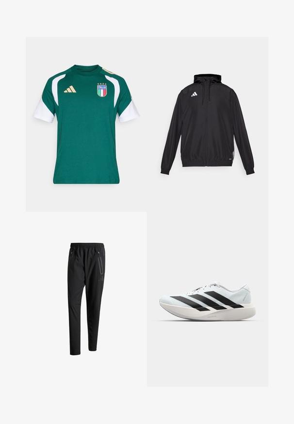 Jachetă sport neagră, fabricată dintr-un material ușor. Are glugă, închidere cu fermoar și manșete elastice. Logo alb pe partea stângă sus.; Tricou sport verde cu mâneci albe, având un logo Italia brodat și accente aurii, realizat dintr-un material moale și respirabil.; Pantaloni atletici negri cu talie elastică, două buzunare laterale cu fermoar, picioare conice și un detaliu logo discret pe șold.; Pantofi de alergare ușori în albastru deschis cu dungi negre. Au un superior neted, vârf rotund și o intermediară groasă albă etichetată "LIGHTSTRIKE PRO."