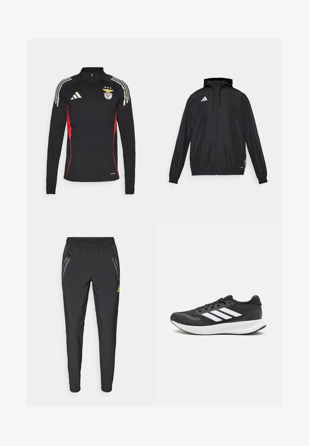 Black athletic jacket made from lightweight material. Features a hood, zip closure, and elastic cuffs. White logo on the upper left side.; Black long-sleeve sports shirt with red side accents, half-zip collar, three white stripes on shoulders, and embroidered logo on chest.; adidas Performance REAL MADRID TIRO25 PRO VIS TECH TRAVEL PANT - Club wear - black/lucid lemon; Black athletic shoe with breathable mesh upper, white accents, and a cushioned sole. Features three stripes logo on the side.