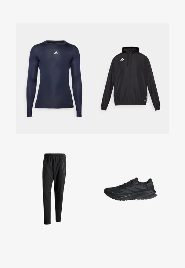 Čierna atletická bunda vyrobená z ľahkého materiálu. Má kapucňu, zips a elastické manžety. Biele logo na hornej ľavej strane.; Námornícky dlhý rukáv športového trička vyrobeného z hladkej elastickej tkaniny. Má zaoblený výstrih a malé biele logo na hrudi.; Čierne športové nohavice s elastickým pásom, dvoma bočnými zipsovými vreckami, zužujúcimi sa nohavicami a nenápadným detailom loga na bokoch.; Čierna bežecká topánka Adidas s Gore-Tex zvrškom, tromi pruhmi na boku a nápisom "Dreamstrike" na podrážke, pohľad z vonkajšej strany.