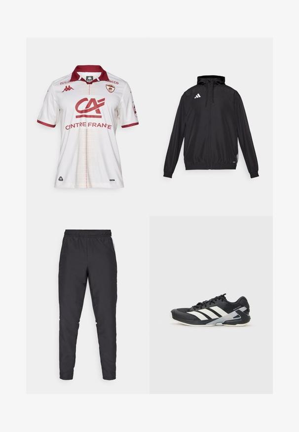 Jachetă sport neagră, fabricată dintr-un material ușor. Are glugă, închidere cu fermoar și manșete elastice. Logo alb pe partea stângă sus.; Tricou de fotbal alb cu accente burgundii, având guler, logo-uri ale echipei și un model texturat pe față. Materialul pare respirabil.; Pantaloni de sport negri cu talie elastică, picioare conice și accente laterale albe. Fabricat din material sintetic cu o textură netedă.; Pantofii sport negri cu dungi albe, superior din plasă, vârf rotunjit și talpă îmbunătățită pentru amortizare. Au o călcătură texturată și un sistem de șireturi securizat.