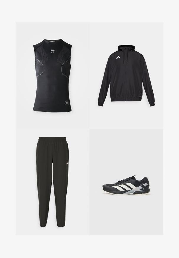 Juodas sportinis švarkas, pagamintas iš lengvos medžiagos. turi gobtuvą, užtrauktuką ir elastingas rankoves. Balta logo kairėje viršutinėje pusėje.; Juodas be rankovių sportinis kompresinis marškinėlis su subtiliais raštuotais intarpais, mažas baltas gyvatės logotipas ant krūtinės ir apvalus emblema prie hem.; Juodos sportinės kelnės su elastingu liemeniu, siauro kirpimo, baltu logotipu kairėje kojoje. Lygus, lengvas audinys.; Juoda sportinė avalynė su baltais dryžiais, tinklinis viršus, apvalus pirštas ir paminkštinta padais. Yra tekstūruota kulno dalis ir saugi raištelių sistema.