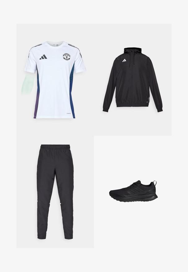 Sort atletisk jakke lavet af letvægtsmateriale. Har hætte, lynlås lukning og elastiske manchetter. Hvidt logo på øverste venstre side.; Hvid sports trøje med sorte Adidas-striber, Manchester United-logo på brystet, blå-til-lilla gradient detaljer på siderne, lavet af letvægtsmateriale.; Sorte atletiske bukser med elastisk talje, snævre ben og hvide sidelæggi. Fremstillet af syntetisk materiale med en glat overflade.; Sort atletisk sko med en struktureret tekstiloverdel, der har tre vandrette striber, en polstret krave og en holdbar gummisål.