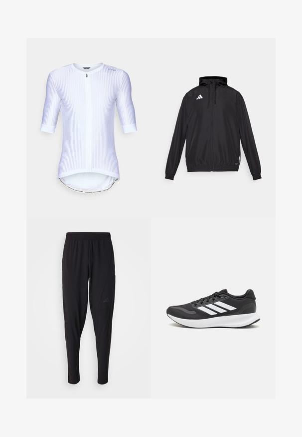Jachetă sport neagră, fabricată dintr-un material ușor. Are glugă, închidere cu fermoar și manșete elastice. Logo alb pe partea stângă sus.; Tricou alb de ciclism cu dungi verticale, mâneci scurte, fermoar frontal, hem rotunjit și o bandă de text contrastantă în partea de jos.; Pantaloni atletici negri cu o talie elastică, design conic, buzunare laterale și detalii subtile cu logo. Fabricat dintr-un material flexibil și respirabil.; Pantof cu aspect sport de culoare neagră, cu un upper din plasă respirabilă, accente albe și o talpă amortizată. Include logo-ul cu trei dungi pe lateral.