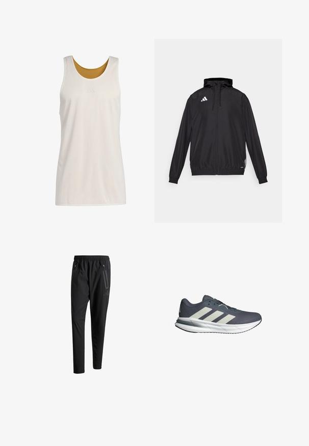 Černá sportovní bunda vyrobená z lehkého materiálu. Obsahuje kapuci, zipové zapínání a elastické manžety. Bílá značka na levé horní straně.; adidas Performance SELECT REVERSIBLE WARMUP - Top - off white; Černé sportovní kalhoty s elastickým pasem, dvěma zipovými bočními kapsami, zúženými nohavicemi a decentním logem na boku.; Sportovní boty s prodyšným tmavě modrým síťovinovým svrškem, třemi bílými diagonálními pruhy, polstrovanou bílou podrážkou a texturovanou šedou podrážkou.