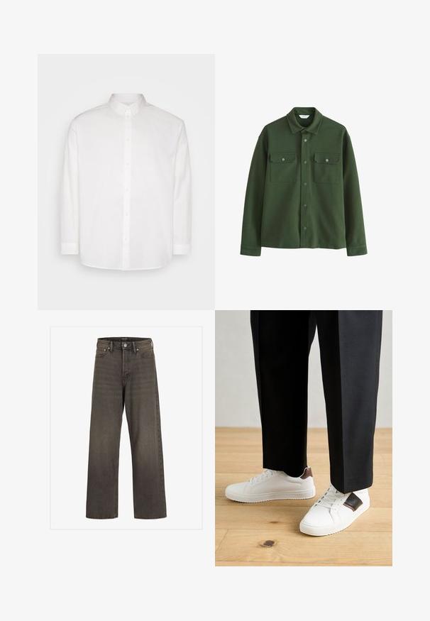 Zelená fleecová košeľa s kabátovým strihom, golierom, patentnými gombíkmi, dvomi náprsními vreckami a dlhými rukávmi. Hladká textúra, neformálny dizajn.; Pier One Košeľa - white; Džínsy s širokými nohavicami v tmavošedej džínsovine, s vysokým pásom, klasickým dizajnom s piatimi vreckami a kontrastným šitím pozdĺž švov.; Biele tenisky s hladkým povrchom, s hnedými koženými akcentmi a čiernymi detailmi, spárované s čiernymi elegantnými nohavicami. Pozadím je drevená podlaha.
