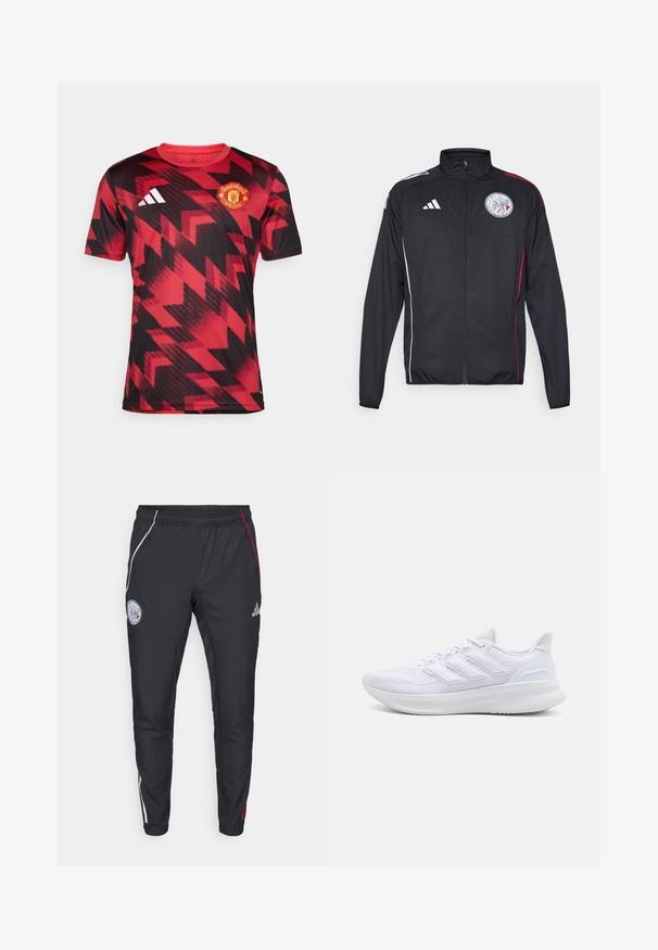 Musta urheilutakki, joka on valmistettu kevyestä materiaalista, valkoisilla ja punaisilla yksityiskohdilla, korkea kaulus, täysipitkä vetoketju ja pyöreä logo rinnassa.; Punainen ja musta Manchester United -paita, jossa on geometrinen kuvio, lyhyet hihat, pyöreä kaula-aukko ja brodeerattu seuran logo rinnassa.; Mustat urheiluhousut kapealla istuvuudella. Ominaisuuksina valkoiset ja punaiset sivuraidat, joustava vyötärö sekä brodeerattu logo reiden yläosassa.; Valkoiset urheilukengät, joissa on teksturoitu verkkomateriaali ylhäällä, tukevat pehmustetut pohjat ja kolme raitaa sivussa.