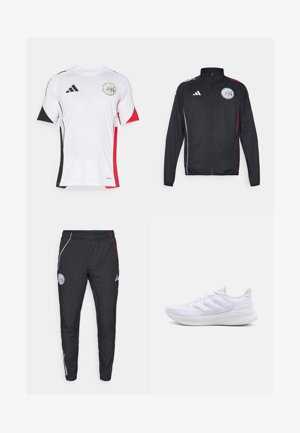 Musta urheilutakki, joka on valmistettu kevyestä materiaalista, valkoisilla ja punaisilla yksityiskohdilla, korkea kaulus, täysipitkä vetoketju ja pyöreä logo rinnassa.; Valkoinen urheilupaita, jossa on mustia ja punaisia yksityiskohtia, lyhyet hihat ja pyöreä kaulus. Edessä on logo. Valmistettu hengittävästä materiaalista.; Mustat urheiluhousut kapealla istuvuudella. Ominaisuuksina valkoiset ja punaiset sivuraidat, joustava vyötärö sekä brodeerattu logo reiden yläosassa.; Valkoiset urheilukengät, joissa on teksturoitu verkkomateriaali ylhäällä, tukevat pehmustetut pohjat ja kolme raitaa sivussa.