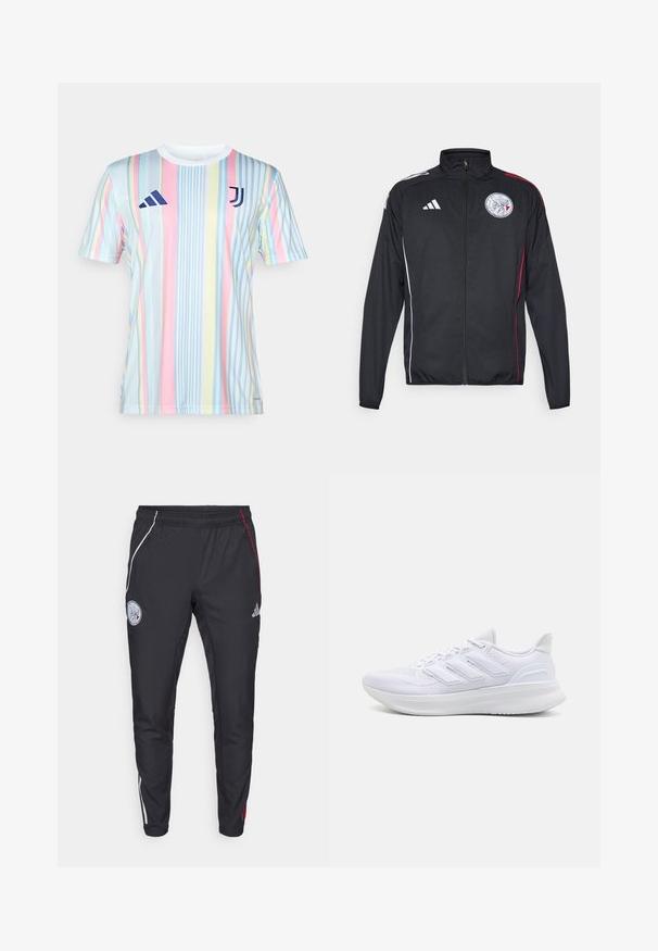 Schwarze Sportjacke aus leichtem Material, mit weißen und roten Akzenten, hohem Kragen, durchgehendem Reißverschluss und rundem Logo auf der Brust.; Juventus gestreiftes Trikot in Pastellfarben, mit vertikalen Linien in Blau, Pink, Gelb und Weiß. Hergestellt aus leichtem, atmungsaktivem Material.; Schwarze Sporthose mit schmalem Schnitt. Mit weißen und roten Seitenstreifen, einem elastischen Bund und einem gestickten Logo auf dem Oberschenkel.; Weiße Sportschuhe mit einem strukturierten Mesh-Obermaterial, einer stützenden gepolsterten Sohle und einem drei Streifen-Design an der Seite.
