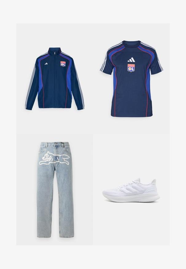 Navy blue tracksuit jacket with red and blue accents, featuring three white stripes on sleeves and an embroidered club logo on the chest.; Navy blue athletic shirt with red accents, three white stripes on shoulders, featuring the Olympique Lyonnais logo on the front.; Light blue denim jeans with a straight cut, featuring a large white graphic of a cat on the back. Classic five-pocket design.; White athletic shoes featuring a textured mesh upper, supportive cushioned sole, and three stripe design on the side.