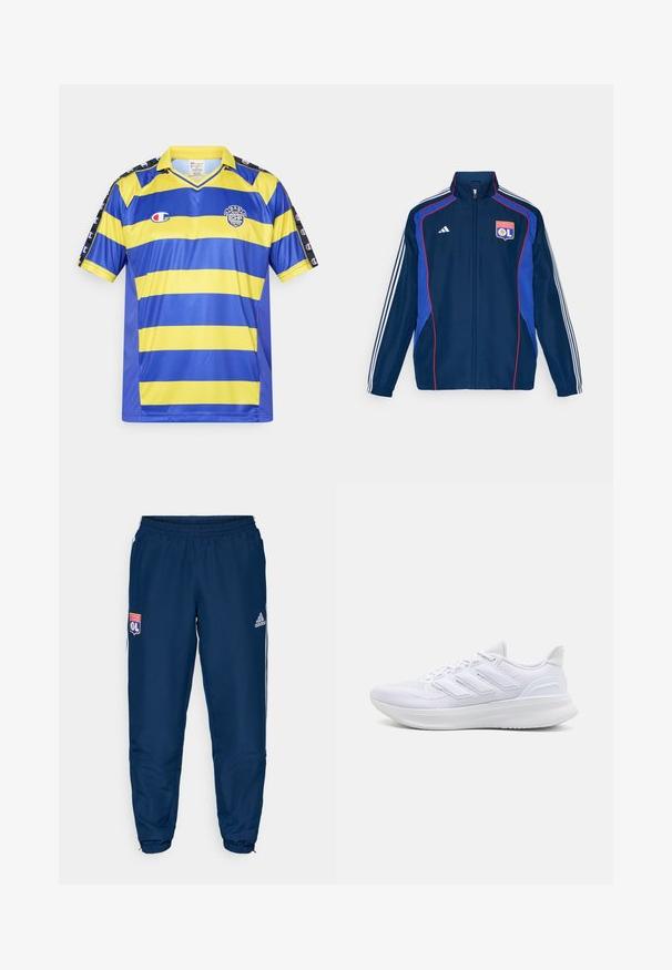 Giacca da tuta blu navy con accenti rossi e blu, caratterizzata da tre strisce bianche sulle maniche e un logo del club ricamato sul petto.; Maglietta sportiva a maniche corte a strisce blu e gialle con colletto giallo, loghi Champion sulle spalle e sul petto, e un badge NYC CHP.; Pantaloni sportivi blu con cintura elastica, dotati di strisce laterali bianche e del logo dell'Olympique Lyonnais sulla coscia sinistra.; Scarpe sportive bianche con tomaia in mesh texturato, suola ammortizzata e supportiva, e design a tre strisce sul lato.