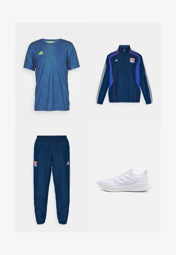 Chaqueta de chándal azul marino con acentos rojos y azules, que presenta tres franjas blancas en las mangas y un logo del club bordado en el pecho.; Camiseta atlética azul hecha de una tela ligera, con un escote redondo, mangas cortas y un logotipo verde de acento en el lado izquierdo del pecho.; Pantalones deportivos azules con cinturilla elástica, que presentan franjas laterales blancas y el logo del Olympique de Lyon en el muslo izquierdo.; Zapatillas deportivas blancas con una parte superior de malla texturizada, suela acolchada y soporte, y un diseño de tres rayas en el lateral.