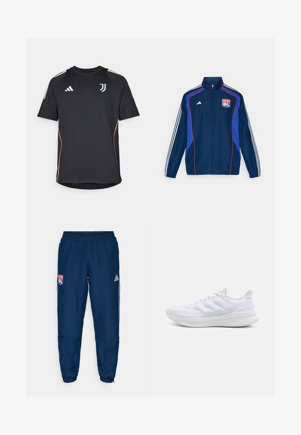Navy blue tracksuit jacket with red and blue accents, featuring three white stripes on sleeves and an embroidered club logo on the chest.; Black short-sleeve sports shirt featuring light blue and yellow accents, with a crew neck and logo detail on the chest. Smooth fabric texture.; Blue athletic pants with an elastic waistband, featuring white side stripes and the logo of Olympique Lyonnais on the left thigh.; White athletic shoes featuring a textured mesh upper, supportive cushioned sole, and three stripe design on the side.