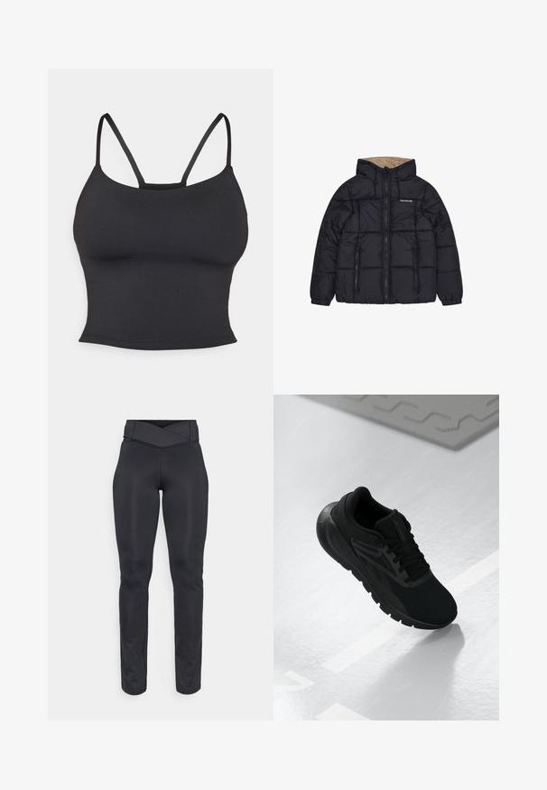 Czarna kurtka puchowa z kapturem, z miękkim beżowym podszyciem, zamkiem błyskawicznym i dwoma przednimi kieszeniami. Logo na piersi. Miękka tekstura.; Czarna dopasowana koszulka na ramiączkach wykonana z gładkiego materiału, z cienkimi ramiączkami i okrągłym dekoltem, bez dodatkowych wzorów czy akcentów.; Czarne legginsy sportowe z wysokim stanem, z przeplatanym pasem i bezszwowym, dopasowanym krojem, zaprojektowane do ćwiczeń lub codziennego noszenia.; Czarny but sportowy z siateczkową cholewką, okrągłym noskiem, amortyzowaną podeszwą i teksturowanymi akcentami, umieszczony na gładkiej białej powierzchni.