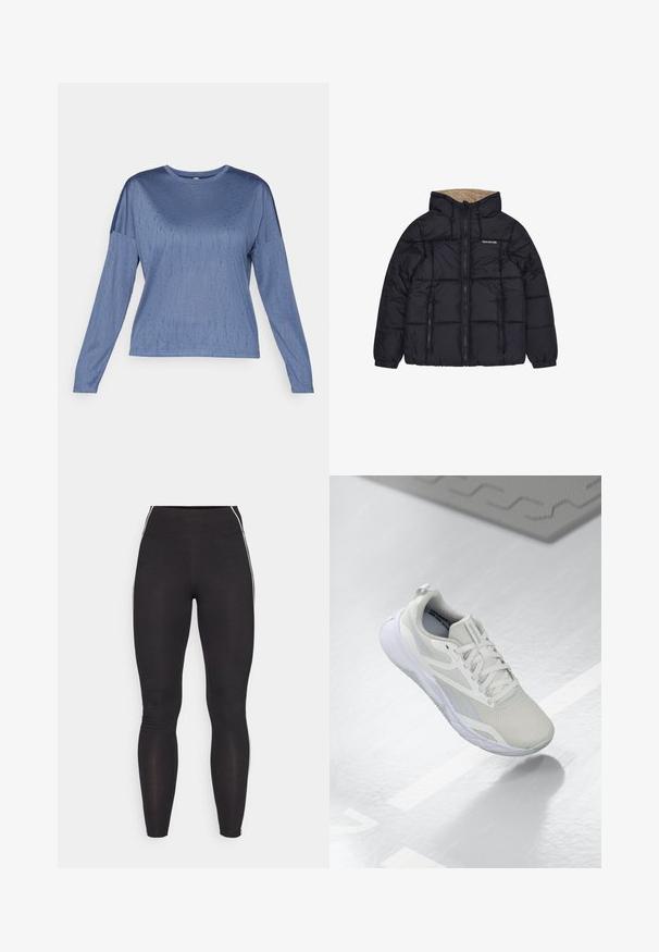 Giacca a vento nera con cappuccio, imbottitura beige morbidissima, chiusura con zip e due tasche frontali. Logo sul petto. Tessuto morbido.; Top blu a maniche lunghe con una texture liscia, scollatura rotonda e spalle leggermente abbassate. Un motivo sottile aggiunge interesse visivo.; Leggings neri realizzati in materiale elasticizzato con una vita alta. Presentano strisce laterali bianche e una texture liscia su tutta la superficie.; Scarpa sportiva bianca con tomaia in rete, linguetta imbottita e suola in gomma bianca. Dettagli notevoli includono decorazioni grigio chiaro e un pratico gancio per il sollevamento.