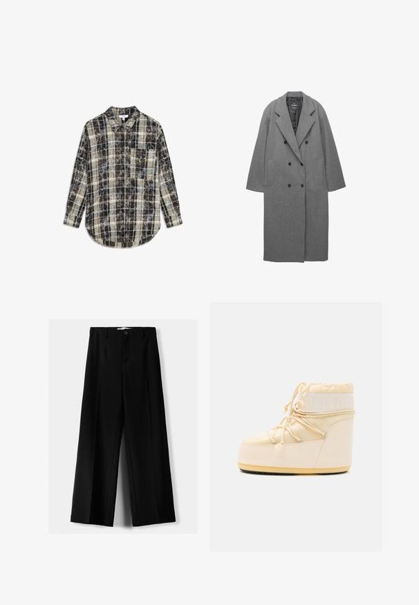 Grey wool blend double-breasted coat with a notched collar, side pockets, and a smooth interior lining. Features black buttons.; Gray knitted cardigan with a round neckline, dropped shoulders, button closure, and ribbed cuffs at the sleeves and hem.; Brown and cream plaid shirt with long sleeves, button front, and a chest pocket featuring a yellow logo. Soft fabric with a relaxed fit.; Black wide-leg trousers made of lightweight fabric, featuring a front button closure and flat front, with neatly stitched hems.; Light beige Moon Boot with a rounded toe, drawstring closure, and textured rubber sole. Features white branding and smooth synthetic materials.