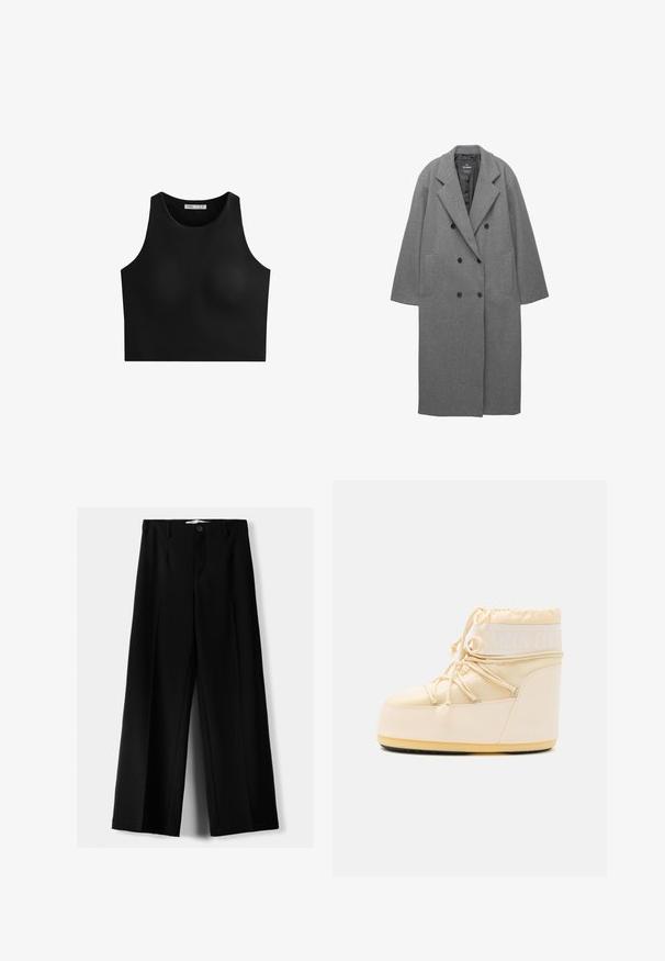Sivka kombinacija volne dvoredni plašč z izrezanim ovratnikom, stranskimi žepi in gladkim notranjim podlogo. Ima črne gumbe.; Siv pleten kardigan z okroglim izrezom, spuščenimi rameni, zapenjanjem na gumbe in rebrastimi manšetami na rokavih ter robu.; Črn crop top z visokim ovratnikom, brez rokavov in gladkim, raztegljivim materialom. Brez vidnih šivov ali vzorcev. Preprost in minimalističen slog.; Črne široke hlače iz lahkega materiala, z zapiranjem na gumb spredaj in ravnim sprednjim delom, s skrbno zašiti robovi.; Svetlo bež Moon Boot z zaobljenim nosom, zapiranjem na vrvico in teksturiranim gumijastim podplatom. Ima belo blagovno znamko in gladke sintetične materiale.