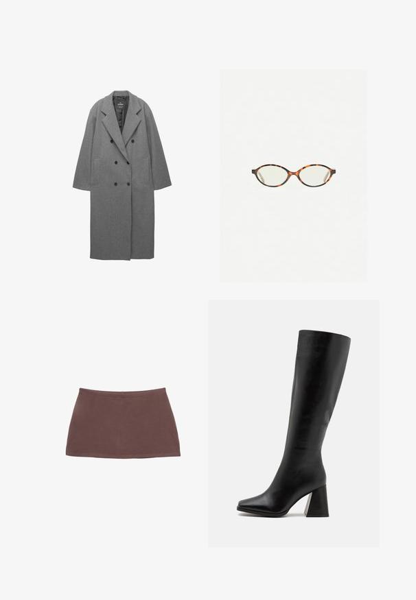 Šedý vlnený dvojradový kabát s klopovým golierom, bočnými vreckami a hladkou vnútornou podšívkou. Disponuje čiernymi gombíkmi.; Svetlomodrý kardigán s dlhým rukávom, vyrobený z mäkkej pleteniny, so zaobleným výstrihom a zapínaním na gombíky s ladiacimi gombíkmi.; Svetlo žltý bezrukávový top z rebrovanej tkaniny. Má okrúhly výstrih a rovný strih, bez viditeľných vzorov alebo zdobení.; Hnedá bavlnená mini sukňa so rovnom strihom, hladkým povrchom a elastickým pásom. Má jednoduchý dizajn bez vzorov alebo kovania.; Čierne kožené vysoké čižmy po kolená s hladkým povrchom, so štvorcovou špičkou a robustným, textúrovaným opätkom. Jednoduchý a elegantný dizajn.; Korytnačkové okuliare s oválnymi šošovkami a hladkým, lesklým povrchom. Majú tenké strany s jemným zakrivením na spánkoch. Priehľadné šošovky.; Pieces PCALUANA SHOULDER BAG - Kabelka - black