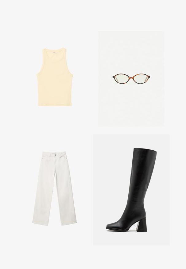 Grau melierter Wollmischung Doppeltbreasted-Mantel mit einer Reverskragen, seitlichen Taschen und einem glatten Innenfutter. Verfügt über schwarze Knöpfe.; Hellblaues langärmliges Strickcardigan aus weichem Material, mit Rundhalsausschnitt und durchgehender Knopfleiste mit passenden Knöpfen.; Hellgelbes, ärmelloses Tanktop aus geripptem Stoff. Es hat einen runden Halsausschnitt und einen geraden Schnitt, ohne sichtbare Muster oder Verzierungen.; Weiße Schlagjeans aus Denim, mit hoher Taille, Fünf-Taschen-Design und Metallknopfverschluss. Glatte Textur, ohne Muster.; Schwarze kniehohe Stiefel aus glattem Leder mit quadrater Spitze und einem klobigen, strukturierten Absatz. Einfaches und klassisches Design.; Schildpatt-Eyegläser mit ovalen Gläsern und einer eleganten, glatten Oberfläche. Mit dünnen Seiten und einer subtilen Kurve an den Schläfen. Klare Gläser.; Pieces PCALUANA SHOULDER BAG - Handtasche - black