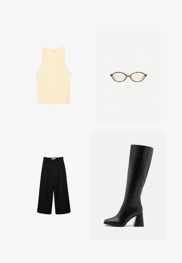 Grå uldblandet dobbeltradet frakke med spids krave, sidelommer og en glat indvendig foring. Har sorte knapper.; Lyseblå langærmet cardigan lavet af et blødt strikket stof, med rund halsudskæring og en knappet front med matchende knapper.; Lysegul, ærmeløs top i ribbet stof. Har en rund halsudskæring og lige skæring, uden synlige mønstre eller dekorationer.; Sorte brede bukser med høj talje, plisseret front og knaplukning. Lavet af glat stof med en skræddersyet design.; Sort knæhøje støvler lavet af glat læder, med firkantet tå og en kraftig, tekstureret hæl. Simpelt og strømlinet design.; Skildpaddebriller med ovale linser og en elegant, glat finish. Har tynde sider med en subtil kurve ved tindingerne. Klare linser.; Pieces PCALUANA SHOULDER BAG - Håndtasker - black