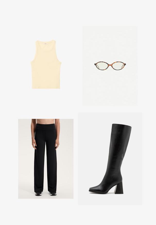 Grå uldblandet dobbeltradet frakke med spids krave, sidelommer og en glat indvendig foring. Har sorte knapper.; Lyseblå langærmet cardigan lavet af et blødt strikket stof, med rund halsudskæring og en knappet front med matchende knapper.; Lysegul, ærmeløs top i ribbet stof. Har en rund halsudskæring og lige skæring, uden synlige mønstre eller dekorationer.; Sorte vidde træningsbukser med høj talje. Fremstillet af glat, strækbart stof med en afslappet pasform og subtil tekstur.; Sort knæhøje støvler lavet af glat læder, med firkantet tå og en kraftig, tekstureret hæl. Simpelt og strømlinet design.; Skildpaddebriller med ovale linser og en elegant, glat finish. Har tynde sider med en subtil kurve ved tindingerne. Klare linser.; Rød bandana tørklæde lavet af bomuld, med hvide paisley- og prikmønstre, i trekantet form og et mærke i det nederste hjørne.