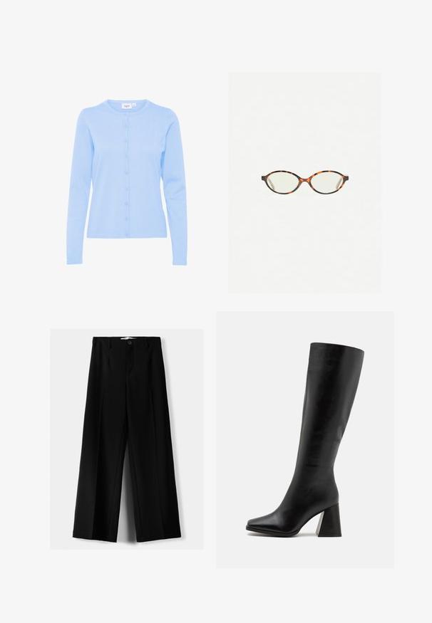 Sivka kombinacija volne dvoredni plašč z izrezanim ovratnikom, stranskimi žepi in gladkim notranjim podlogo. Ima črne gumbe.; Svetlo modra dolg rokav kardigan, izdelan iz mehkega pletenega materiala, z okroglim izrezom in sprednjim zapenjanjem na gumb, ki ima usklajene gumbe.; Svijetlo žuta, bez rukava, majica od rebrastog materijala. Ima okrugli izrez i ravni kroj, bez vidljivih uzoraka ili ukrasa.; Črne široke hlače iz lahkega materiala, z zapiranjem na gumb spredaj in ravnim sprednjim delom, s skrbno zašiti robovi.; Črne škornje do kolen iz gladkega usnja, z kvadratnim naom in debelim, teksturiranim peto. Preprost in tekoč dizajn.; Kornjačaste očala z ovalnimi lečami in gladko, sijočo površino. Imajo tanke stranice z rahlim ovinkom na templjih. Prosojne leče.; Pieces PCALUANA SHOULDER BAG - Torbica - black