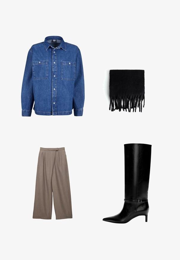 Grey wool blend double-breasted coat with a notched collar, side pockets, and a smooth interior lining. Features black buttons.; Denim jacket in medium blue with long sleeves, button-up front, and two chest pockets. Features a classic collar and relaxed fit.; Black sleeveless top made of soft fabric, featuring an asymmetric neckline and draped detailing on one side. Smooth texture, tailored fit.; Wide-leg trousers in a light brown fabric, featuring pleats at the waist and a smooth texture. Design with side pockets for practicality.; Black leather knee-high boot with pointed toe and a small heel. Features a narrow strap with a metallic buckle around the ankle. Smooth texture.; Black fringed scarf made of soft, wool-like material. Features long, uneven fringes along the bottom edge. Rectangular shape.