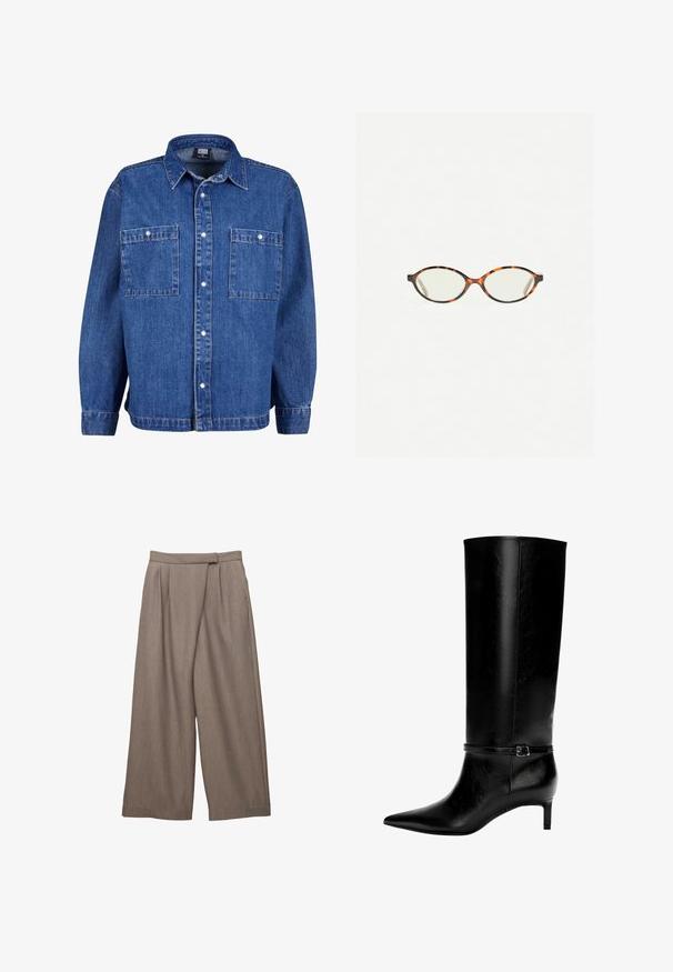 Szürke gyapjú keverék, dupla soros gombolású kabát, vágott gallérral, oldalsó zsebekkel és sima bélésel. Fekete gombokkal rendelkezik.; Közepes kék farmerdzseki hosszú ujjakkal, gombos elülső résszel és két mellzsebbel. Klasszikus gallérral és laza szabással rendelkezik.; Széles szárú nadrág világosbarna anyagból, derékban plisszált részlettel és sima textúrával. Oldalsó zsebek a praktikum érdekében.; Fekete bőr, térd fölé érő csizma hegyes orral és kis sarokkal. Szűk pánt található fém csattal a bokán. Simaság jellemzi.; Tortábar színű szemüveg ovális lencsékkel és sima, elegáns felülettel. Vékony szárakkal rendelkezik, amelyeken finom ív található a halántéknál. Átlátszó lencsék.