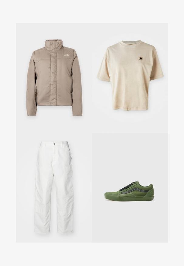 Bunda typu puffer v svetlo béžovej farbe s vysokým golierom, prešívaným dizajnom a logom na hornej ľavej časti hrude. Hladký povrch a predné zapínanie na zips.; Béžové bavlnené tričko s voľným strihom, okrúhlym výstrihom, krátkymi rukávmi a malou štvorcovou nášivkou na ľavej strane hrude.; Biele cargo nohavice vyrobené z denimu, s voľným strihom, bočnými vreckami a viditeľnými švami. Jednoduchý predný diel so zapínaním na gombík.; Zelené plátnené topánky s čiernymi šnúrkami a bočnými pruhmi. Majú zaoblenú špičku, gumovú podrážku a kontrastné biele švy. Klasický dizajn tenisiek.