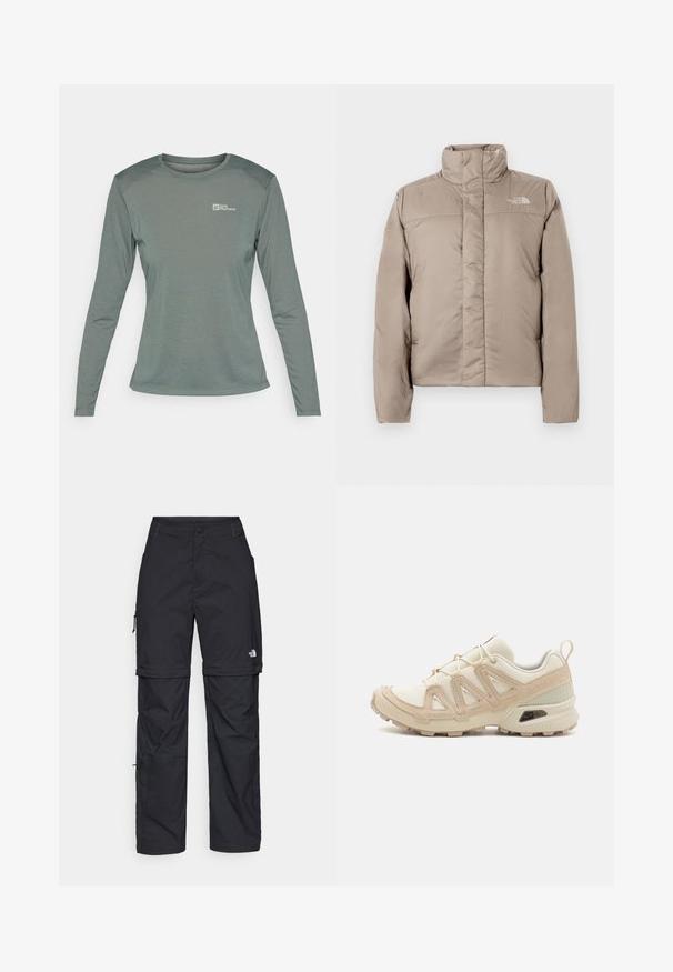 Puffermantel in einem hellen Beige mit hohem Kragen, gestepptem Design und Logo auf der oberen linken Brust. Glatte Textur und Reißverschluss vorne.; Langärmliges T-Shirt in gedämpftem Grün, aus leichtem, strukturiertem Stoff. Mit rundem Ausschnitt und kleinem Logo auf der linken Brust.; Schwarze Nylon-Zip-Off-Cargohosen mit verstellbaren Bündchen, mehreren Taschen und einem Logo am rechten Bein. Glatte, leichte Textur.; Beige und cremefarbenen Sportschuh mit strukturiertem Mesh-Obermaterial, unterstützenden Überzügen und Gummisohle mit einem Profilmuster für Bodenhaftung.