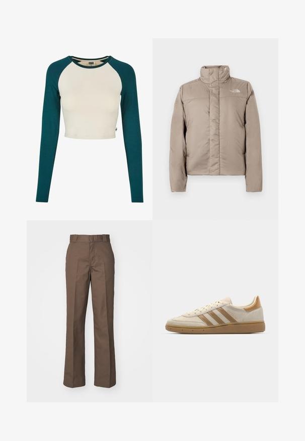 Kergedjak heleda beeži värviga, kõrge kraega, tikandiga disainiga ja logosildiga vasakul rinnal. Sile tekstuur ja eesmine lukuga sulgemine.; Kreemist kehast ja helesinistest varrukatest koosnev pikkade varrukatega lühikese kärbsega pluus. Valmistatud pehmest puuvillast, ümar kaelus ja minimaalsete õmbluste detailid.; Pruunid puuvillased püksid, sirge lõikega, millel on lame eesmine osa ja vöökoha aasadega. Sile tekstuur, ilma nähtavate mustrite või aktsentideta.; Beež sametist tossud heledate pruunide aktsentidega. Omab kolme pruunist triipu, tekstureeritud kummist tallat ja ümarat varvaku kuju.