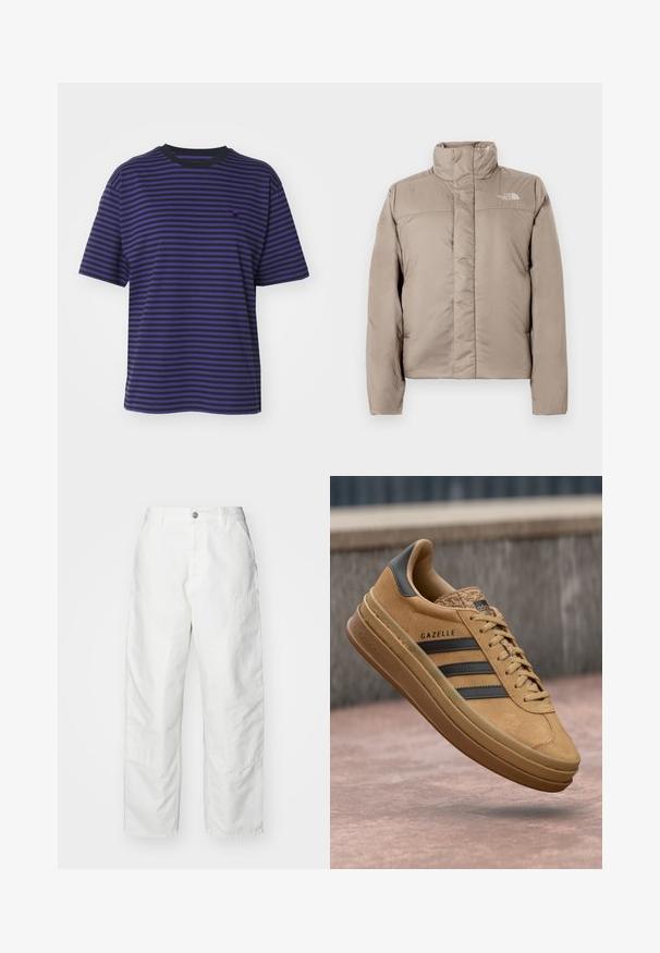 Casaco puffer em bege claro com gola alta, design acolchoado e logotipo no canto superior esquerdo do peito. Textura suave e fecho em zíper na frente.; Carhartt WIP VERNER - T-shirt estampada - black/aura; Calças cargo brancas feitas de denim, com um corte descontraído, bolsos laterais e detalhes de costura visíveis. Frente simples com fecho de botão.; Tênis de camurça bege com uma textura suave, apresentando três riscas escuras, um bico arredondado e uma sola mais grossa com uma borda padronizada.