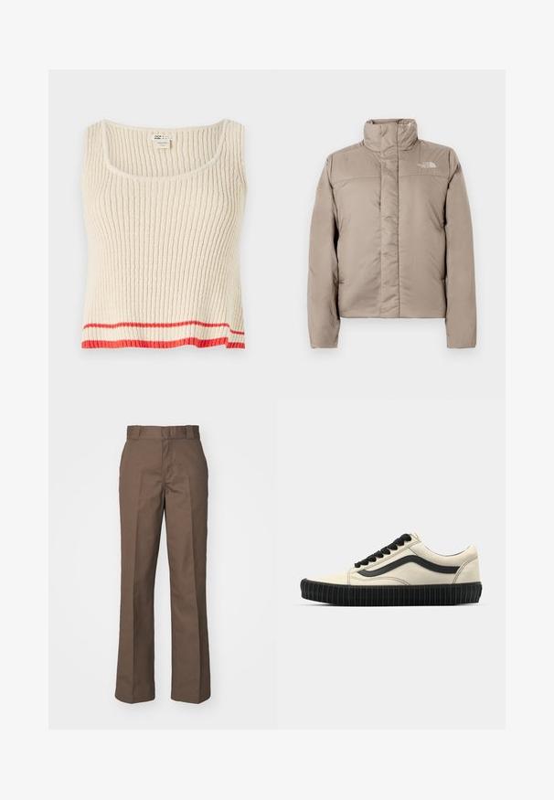 Puffermantel in einem hellen Beige mit hohem Kragen, gestepptem Design und Logo auf der oberen linken Brust. Glatte Textur und Reißverschluss vorne.; Cremfarbener, gerippter Tanktop mit Rundhalsausschnitt und einem roten horizontalen Streifen am Saum. Weicher, strukturierter Stoff mit lockerem Schnitt.; Braune Baumwollhosen mit geradem Bein, ausgestattet mit flachem Bund und Gürtelschlaufen. Glatte Textur, keine sichtbaren Muster oder Akzente.; Beige Leinenschuhe mit einer schwarzen Gummisohle, schwarzen Schnürsenkeln und seitlichem Streifen. Texturierte Oberfläche mit einem schlanken Design.