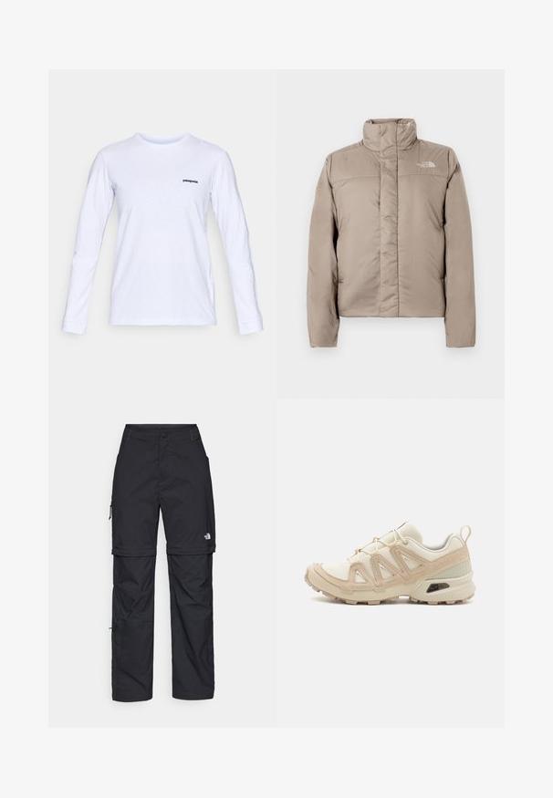 Bunda typu puffer v svetlo béžovej farbe s vysokým golierom, prešívaným dizajnom a logom na hornej ľavej časti hrude. Hladký povrch a predné zapínanie na zips.; Biele tričko s dlhým rukávom vyrobené z bavlny, s okrúhlym výstrihom a čiernym logom "patagonia" na ľavej hrudi. Hladká textúra, klasický strih.; Čierne nylonové cargo nohavice s odnímateľnými nohavicami, nastaviteľnými manžetami, viacerými vreckami a logom na pravej nohe. Hladká, ľahká textúra.; Beige a krémová športová obuv s textúrovaným sieťovým zvrškom, podporujúcimi prekrytiami a gumovou podrážkou s dezénom pre trakciu.