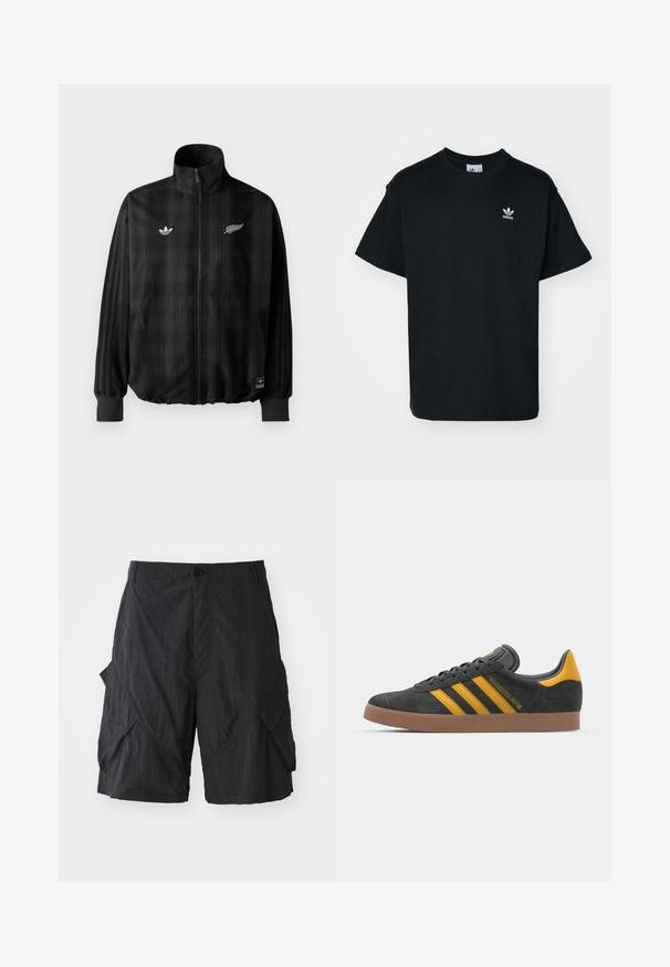 Jachetă cu fermoar în carouri negre, cu guler înalt, cu logo-uri brodate albe, cu manșete și tiv elastic, fabricată dintr-un material neted și ușor.; Tricou din bumbac negru cu guler rotund și mâneci scurte, având un mic logo alb Adidas pe partea stângă a pieptului.; Shorts cargo negri din material ușor, cu o suprafață texturată, închidere cu buton și mai multe buzunare laterale.; Tenisi negri din suede cu accente galbene, având trei dungi și o talpă din cauciuc maroniu. Include un limba căptușită pentru confort.