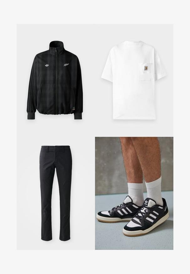 Fekete kockás cipzáras dzseki magas gallérral, fehér hímzett logókkal, elasztikus mandzsettákkal és alsó résszel, sima, könnyű anyagból készült.; Fehér pamut póló kerek nyakkal, rövid ujjakkal és egy mellzsebbel, amelyen logó felvarrás található. Minimál stílusú dizájn és sima textúra.; Fekete egyenes szárú nadrág sima anyagból, egy gombos záródással és övakasztókkal. Minimalista dizájn látható mintázat nélkül.; Fekete-fehér tornacipők velúr és bőr felsőrésszel, három fehér csíkkal, perforált orral és gumi talppal.