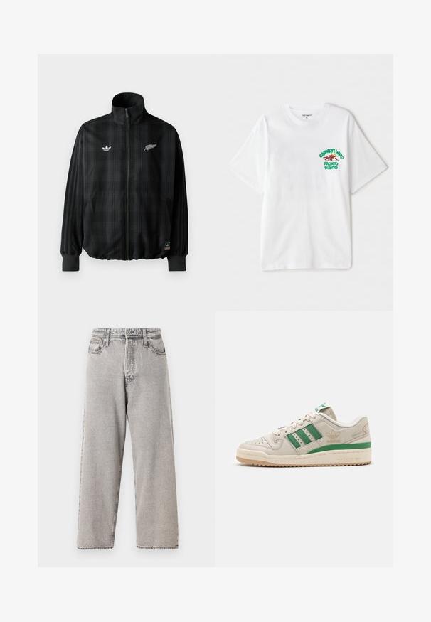 Črna karirana zadrga jakna z visokim ovratnikom, krasi jo bele vezenine logotipov, elastični manšeti in rob, izdelana iz gladkega, lahkega materiala.; Bela bombažna majica s kratkimi rokavi, na levi strani prsnega dela pa je grafični napis v zeleni in rdeči barvi z besedilom "cashart Who Pronto Subito."; Široke sivo-jeans hlače z uveljavljenim opranjem, petimi žepi, zankami za pas in kontrastnim šivanjem. Gladka tekstura in raven kroj.; Adidas teniske z zgornjim delom iz bež usnja, zelenimi črtami in gumijastim podplatom. Imajo oblazinjeno ovratnik in perforiranodd zanjto za boljšo zračnost.