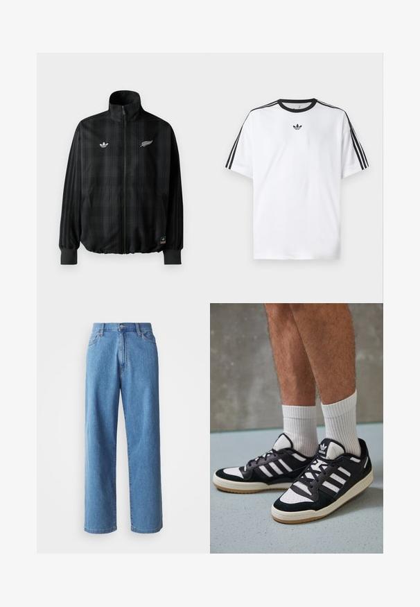 Black plaid zip-up jacket with high collar, features white embroidered logos, elastic cuffs and hem, made from smooth, lightweight material.; White T-shirt made of cotton, featuring a black round neckline and three black stripes on each shoulder. Small black logo on the chest.; Light blue denim wide-leg jeans featuring a high waist, five pockets, and a button closure. Smooth texture with minimal fading.; Black and white sneakers with a suede and leather upper, featuring three white stripes, a perforated toe, and a gum rubber sole.