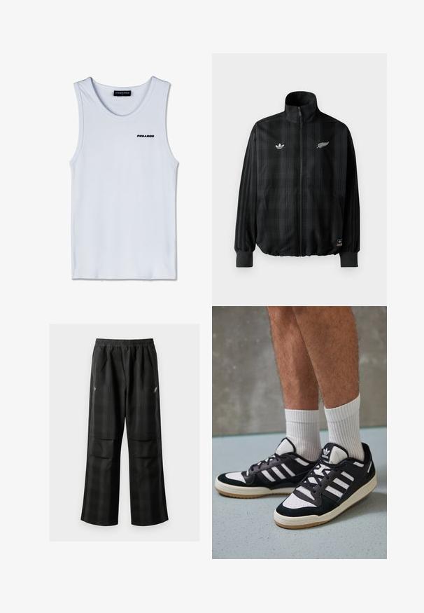 Črna karirana zadrga jakna z visokim ovratnikom, krasi jo bele vezenine logotipov, elastični manšeti in rob, izdelana iz gladkega, lahkega materiala.; Bela brezrokavna majica bele barve z črnim logotipom "PEGADOR" na prsih in črnim etiketom z napisom "PEGADOR M" na ovratniku.; Črne karirane hlače z elastičnim pasom, dvema sprednjima žepoma in ohlapnim krojem s pravimi nogavicami. Narejene so iz lahke tkanine.; Črno-bele superge z zgornjim delom iz usnja in nubuka, ki imajo tri bele črte, perforiran vrh prstov in podplat iz gume.
