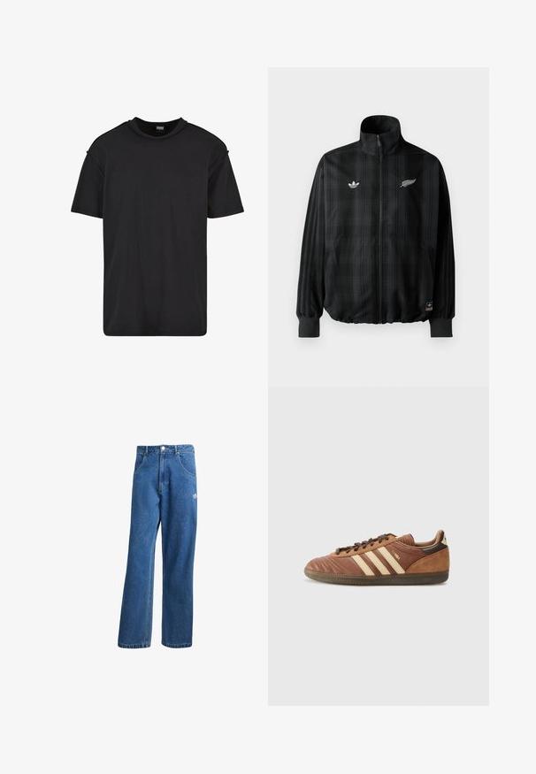 Melnas kvadrātveida žakete ar rāvējslēdzēju un augstu apkakli, ar baltām izšūtām logo, elastīgām aprocēm un apakšmalu, izgatavota no gludas, vieglas materiāla.; Melnas īsām piedurknēm T-krekls, izgatavots no kokvilnas, ar apaļu kakla izgriezumu, brīvu piegriezumu un minimāliem šuvju detaļām uz pleciem.; Zilas augsta vidukļa platas kāju džinsu bikses ar priekšējiem kabatām, jostas cilpām, pogu aizdari un mazu Adidas logo labajā augšstilbā.; adidas Originals SAMBA UNISEX - Sporta apavi - preloved brown/sand strata/dark brown