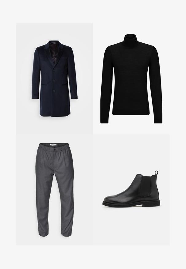 Granatowy wełniany płaszcz w mieszance z wełną, z wyłogowym kołnierzem, zapięciem na jeden guzik, dwiema przednimi kieszeniami i jedwabistym podszewką.; Czarny sweter z golfem wykonany z miękkiego materiału, z długimi rękawami i dopasowanym krojem. Żebrowane wykończenie na dolnym brzegu i mankietach. Prosty design.; Szare spodnie z teksturowanej tkaniny, zwężający się krój, elastyczny pas i zapięcie na guzik. Posiadają kanty dla dodatkowego detalu.; Czarne skórzane botki Chelsea z elastycznymi bocznymi panelami i pętlą na tyle. Zaokrąglony czubek i płaska gumowa podeszwa, prezentujące gładkie wykończenie.