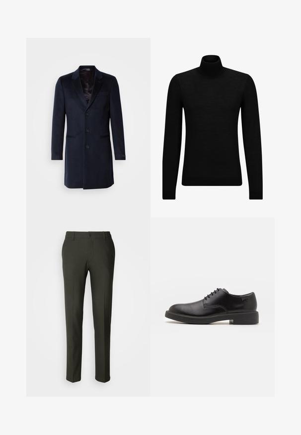 Navy wool blend overcoat featuring a notched collar, single-button closure, two front pockets, and a silky inner lining.; Black turtleneck sweater made of soft material, featuring long sleeves and a snug fit. Ribbed trim at the hem and cuffs. Simple design.; Les Deux COMO PANTS SEASONAL - Chinos - deep forest/charcoal; Black leather lace-up shoe with a rounded toe, smooth texture, minimal stitching, and a low rubber heel. Logo on the heel.