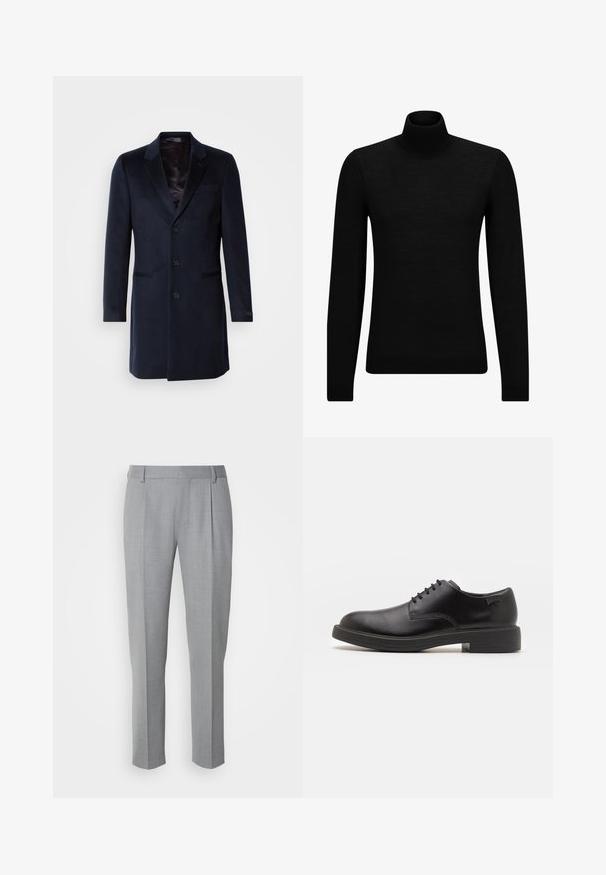Navy wollen blend overjas met een open kraag, enkele knopsluiting, twee voorzakken en een zijdezachte binnenvoering.; Zwarte coltrui van zacht materiaal, met lange mouwen en een snug fit. Geribbelde afwerking aan de onderkant en mouwen. Eenvoudig ontwerp.; Grijze op maat gemaakte broeken met een gladde textuur, voorzien van een platte voorkant, rechte pijpen en subtiele plooien voor extra details.; Zwarte leren veterschoen met een ronde neus, een gladde textuur, minimale stiksels en een lage rubberen hak. Logo op de hak.