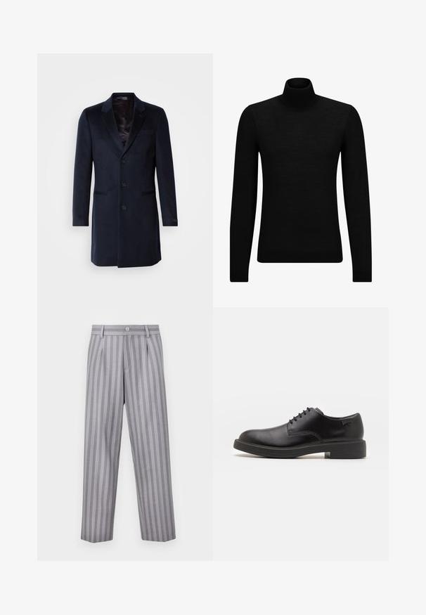 Navy wool blend overcoat featuring a notched collar, single-button closure, two front pockets, and a silky inner lining.; Black turtleneck sweater made of soft material, featuring long sleeves and a snug fit. Ribbed trim at the hem and cuffs. Simple design.; Gray striped trousers with a tailored design, featuring a button closure, pleats, and a straight leg shape. Fabric has a smooth texture.; Black leather lace-up shoe with a rounded toe, smooth texture, minimal stitching, and a low rubber heel. Logo on the heel.