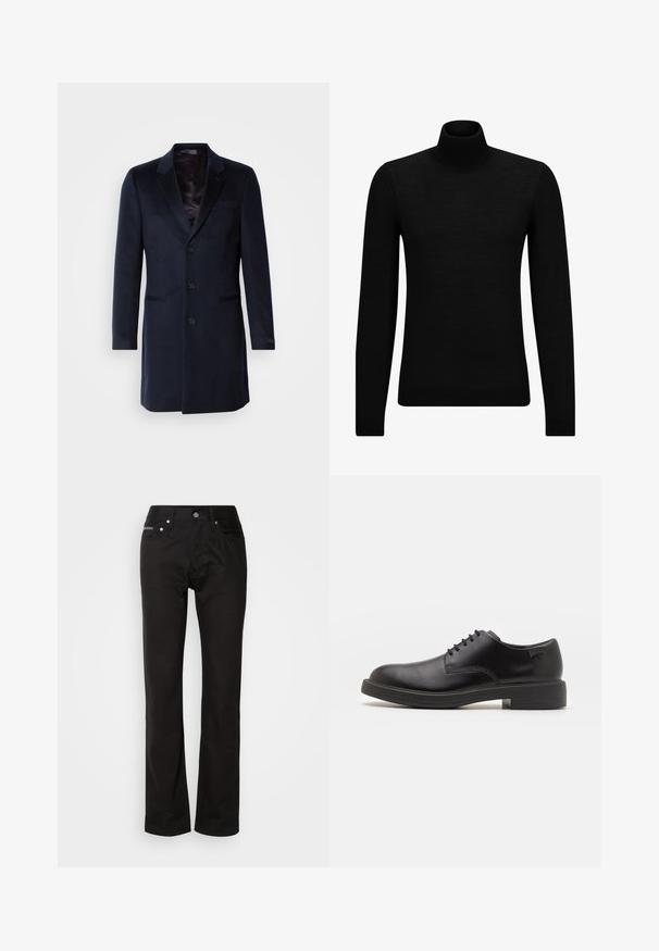 Jūrų mėlynos vilnos mišinio paltas su įpjovimu ant apykaklės, vienu mygtuku, dviem priekinėmis kišenėmis ir šilkine pamušalu.; Juodas aukšto kaklo megztinis, pagamintas iš minkštos medžiagos, su ilgomis rankovėmis ir prigludusia forma. Su raukiniais apačioje ir rankogaliuose. Paprastas dizainas.; Juoda džinsinė kelnės su tiesiąja kojų forma, turinčios užsegimą mygtuku, penkias kišenes ir minimalią siuvimo liniją, kad išlaikytų švarų įvaizdį.; Juodas odinis batų modelis su raišteliais, apvaliu nosiu, lygiu paviršiumi, minimaliai siuvinėjimu ir žemu guminėmis pakulne. Ant pakulnės šalia logo.