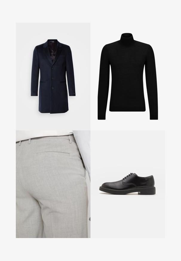 Námornícky vlnený kabát zmesového materiálu s klopeným golierom, zapínaním na jeden gombík, dvomi prednými vreckami a hodvábnou podšívkou.; Čierny rolák vyrobený z jemného materiálu, s dlhými rukávmi a tesným strihom. Hranatý lem a manžety s ribbed úpravou. Jednoduchý dizajn.; Svetlosivé nohavice na mieru vyrobené zo štruktúrovanej látky, s jedným zadným vreckom a čistým prešívaním.; Čierne kožené šnurovacie topánky s okrúhlou špičkou, hladkým povrchom, minimálnym prešívaním a nízkym gumovým podpätkom. Logo na podpätku.